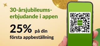 30-årsjubileumserbjudande i appen. 25% på din första appbeställning med koden MYAPP25.