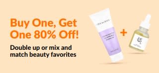 Buy one, get one 80% off beauty sale, featuring skincare products and mix-and-match beauty favorites promotion.