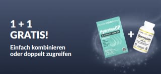 iHerb Werbebanner mit dem Angebot „Kaufe eins und erhalte eins gratis“ für Gesundheitsprodukte wie probiotische Nahrungsergänzungsmittel und Seren.