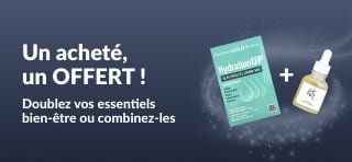 Bannière iHerb 1 acheté = 1 offert sur les essentiels bien-être, avec des compléments probiotiques et flacon compte-gouttes