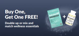 iHerb promo banner offering buy one get one free on wellness essentials.