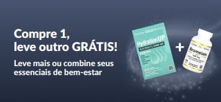 Banner da iHerb oferecendo compre 1, leve outro grátis em itens essenciais de bem-estar, com destaque para suplementos probióticos e frasco conta-gotas.