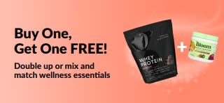 iHerb promo banner offering buy one get one free on wellness essentials. 