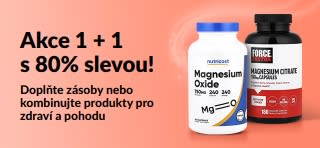 Promo banner iHerb nabízející akci 1 + 1 s 80% slevou na produkty pro zdraví a pohodu, s dvěma baleními produktů.