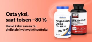iHerb-mainosbanneri, joka tarjoaa Osta 1, saat toisen −80 % hyvinvointituotteista. Kuvassa probioottilisiä ja pipettipullo.