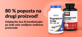 iHerb reklamni natpis za promociju „80 % popusta na drugi proizvod!” s prikazom wellness proizvoda.