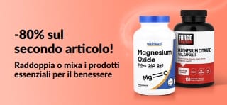 Banner promozionale iHerb con l'offerta dell'80% di sconto sul secondo prodotto essenziale per il benessere acquistato; vengono mostrati integratori probiotici e un flacone con contagocce.