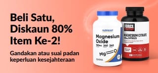 Sepanduk promosi iHerb menawarkan beli satu, diskaun 80% item ke-2 untuk keperluan kesejahteraan, menampilkan suplemen probiotik dan botol penitis.