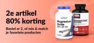 iHerb-promotiebanner met een '2e artikel 80% korting'-actie op welzijnsproducten, waaronder probiotische supplementen en een pipetflesje.