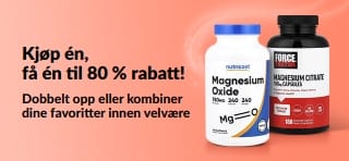 iHerb-kampanjebanner med «kjøp én, få én gratis» på velværeprodukter, med probiotiske kosttilskudd og en dråpeflaske.