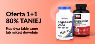 Baner promocyjny iHerb oferujący Ofertę 1+1 80% taniej na niezbędne produkty dla zdrowia, przedstawiający białko w proszku.