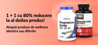 Banner iHerb cu produse esențiale pentru wellness în oferta 1 + 1 cu 80% reducere.
