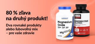 Baner iHerb s akciou „80 % zľava na druhý produkt“ na produkty pre zdravie so srvátkovým proteínom a superpotravinami.