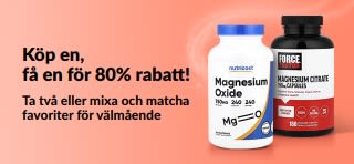 iHerb kampanjbanner som erbjuder köp en, få en för 80% rabatt på favoriter för välmående, med probiotikatillskott och en droppflaska.