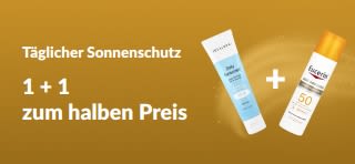 iHerb Sonnenschutz- Werbebanner mit 50% Rabatt auf ein Sonnenschutzprodukt beim Kauf eines anderen.