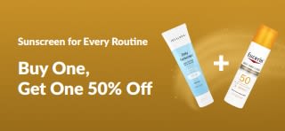 iHerb sunscreen promo banner offering buy one get one 50% off, featuring two SPF skincare products for daily use.