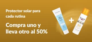 Banner de iHerb con la oferta Compra uno y lleva otro a mitad de precio con protectores solares de uso diario.