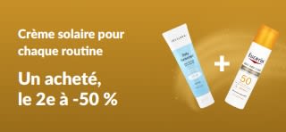 Bannière iHerb : 1 acheté = 1 à -50 % sur les écrans solaires, avec deux soins SPF pour un usage quotidien.