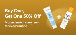 iHerb sunscreen promo banner offering buy one get one 50% off, featuring two SPF skincare products for daily use.