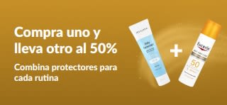 Banner promocional de iHerb con la oferta “Compra uno y lleva otro a mitad de precio” con productos del cuidado de la piel de uso diario.
