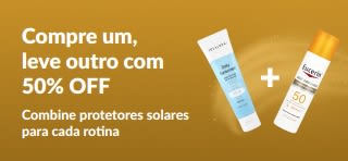 Banner promocional iHerb com protetores solares: compre um, leve outro com 50% OFF, com dois produtos de skincare com FPS para uso diário.