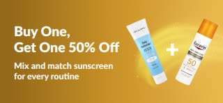 iHerb sunscreen promo banner offering buy one get one 50% off, featuring two SPF skincare products for daily use.
