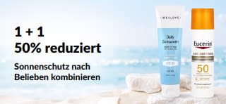 iHerb Sonnencreme-Werbebanner mit 2 Sonnencremes mit 50% Rabatt auf ein Sonnenschutzprodukt beim Kauf eines anderen.