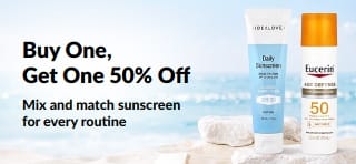 iHerb sunscreen promo banner offering buy one get one 50% off, featuring two SPF skincare products for daily use.