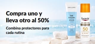Banner promocional de iHerb con la oferta “Compra uno y lleva otro a mitad de precio” con productos del cuidado de la piel de uso diario.