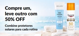 Banner promocional iHerb com protetores solares: compre um, leve outro com 50% OFF, com dois produtos de skincare com FPS para uso diário.