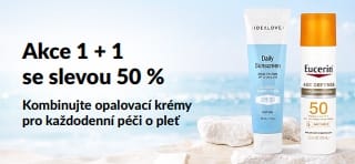 Banner iHerb na opalovací krémy s nabídkou „1 + 1 s 50% slevou“, představující dva SPF produkty pro každodenní péči o pleť.