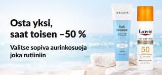 iHerbin mainosbanneri, joka tarjoaa toisen aurinkovoiteen –50 % kun ostat yhden. Kuvassa kaksi aurinkosuojatuotetta päivittäiseen käyttöön.