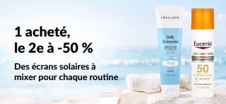 Bannière promo iHerb : 1 acheté, le 2e à -50 %, avec deux produits SPF pour un usage quotidien.