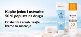 iHerb reklamni natpis za kreme za sunčanje koji promovira ponudu „Kupite jednu kremu za sunčanje i ostvarite 50 % popusta na drugu“ s prikazom dva proizvoda sa SPF faktorom za svakodnevnu njegu kože.