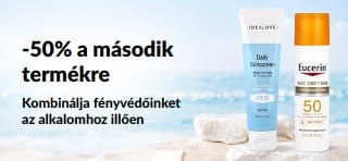 Az iHerb napvédő promóciós bannere, amelyen „-50% a második termékre” ajánlat szerepel, és amely két SPF-tartalmú fényvédőt ábrázol.