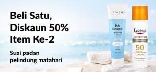 Sepanduk promosi pelindung matahari iHerb menawarkan beli 1 diskaun 50% item ke-2, dengan 2 produk penjagaan SPF untuk kegunaan harian.