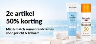 iHerb-promotiebanner voor zonnebrandcrème met een actie: 2e artikel 50% korting. De banner toont twee huidverzorgingsproducten met SPF voor dagelijks gebruik.
