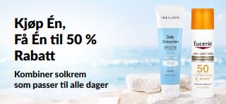 iHerb-kampanjebanner for solkrem: Kjøp én, få én til 50 % rabatt. Inneholder to SPF-hudpleieprodukter for daglig bruk.