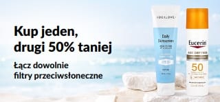 Banner promocyjny iHerb na filtry przeciwsłoneczne z ofertą »Kup 1, drugi 50% taniej«, przedstawiający dwa produkty SPF do pielęgnacji skóry do codziennego użytku