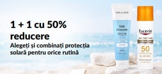 Banner iHerb cu protecție solară, cu oferta 1 + 1 cu 50% reducere și produse cu protecție solară pentru uz zilnic.