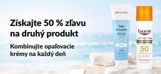 iHerb predajný baner, ktorý propaguje 50 % zľavu na druhý opaľovací krém s dvoma SPF krémami na každodenné použitie.