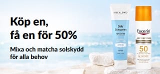 iHerb kampanjbanner för solskydd som erbjuder Köp en, få en för halva priset, med två solskyddsprodukter för daglig användning.