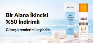 Günlük kullanım için iki SPF cilt bakım ürününü öne çıkaran, 1 Alana 2.si %50 İndirimli güneş kremi kampanyası iHerb banner’ı