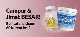 Sepanduk promosi iHerb menawarkan beli satu diskaun 80% item ke-2 untuk kesejahteraan kesihatan.