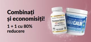 Banner promoțional iHerb cu 1 + 1 cu 80% reducere la produse esențiale pentru bunăstare.