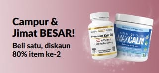 Sepanduk promosi iHerb menawarkan beli satu diskaun 80% item ke-2 untuk kesejahteraan kesihatan.