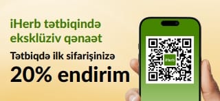 iHerb tətbiq banneri: CIS1STAPP promokodu ilə tətbiqdə ilk sifarişinizə 20% endirim. Smartfondakı QR kodu ehtiva edir.