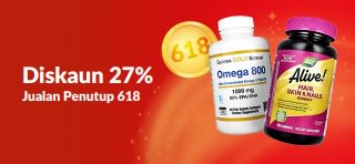 Sepanduk mempromosi diskaun 27% sempena Jualan Penutup 618, menampilkan produk suplemen.