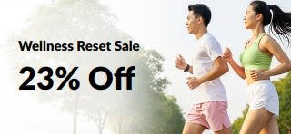 iHerb wellness reset sale banner showing couple jogging outdoors, offering 23% off with code 23WELL.