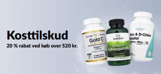 20 % rabat på kosttilskud til over 520 kr. med kampagnekoden AUG26EUSUPP. Omfatter produkter med C-vitamin, ashwagandha og inositol.